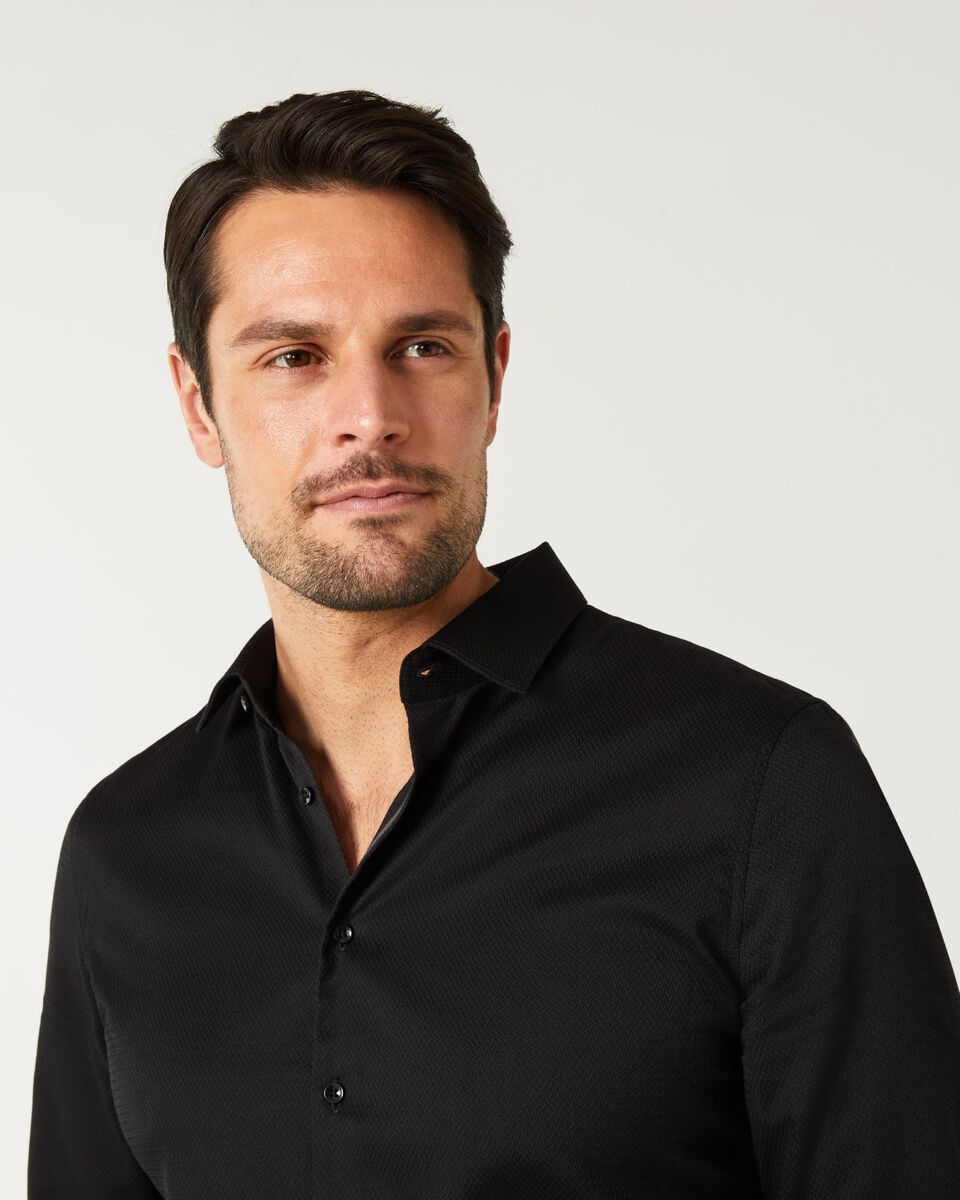Mens Black Long Sleeve Herringbone Shirt